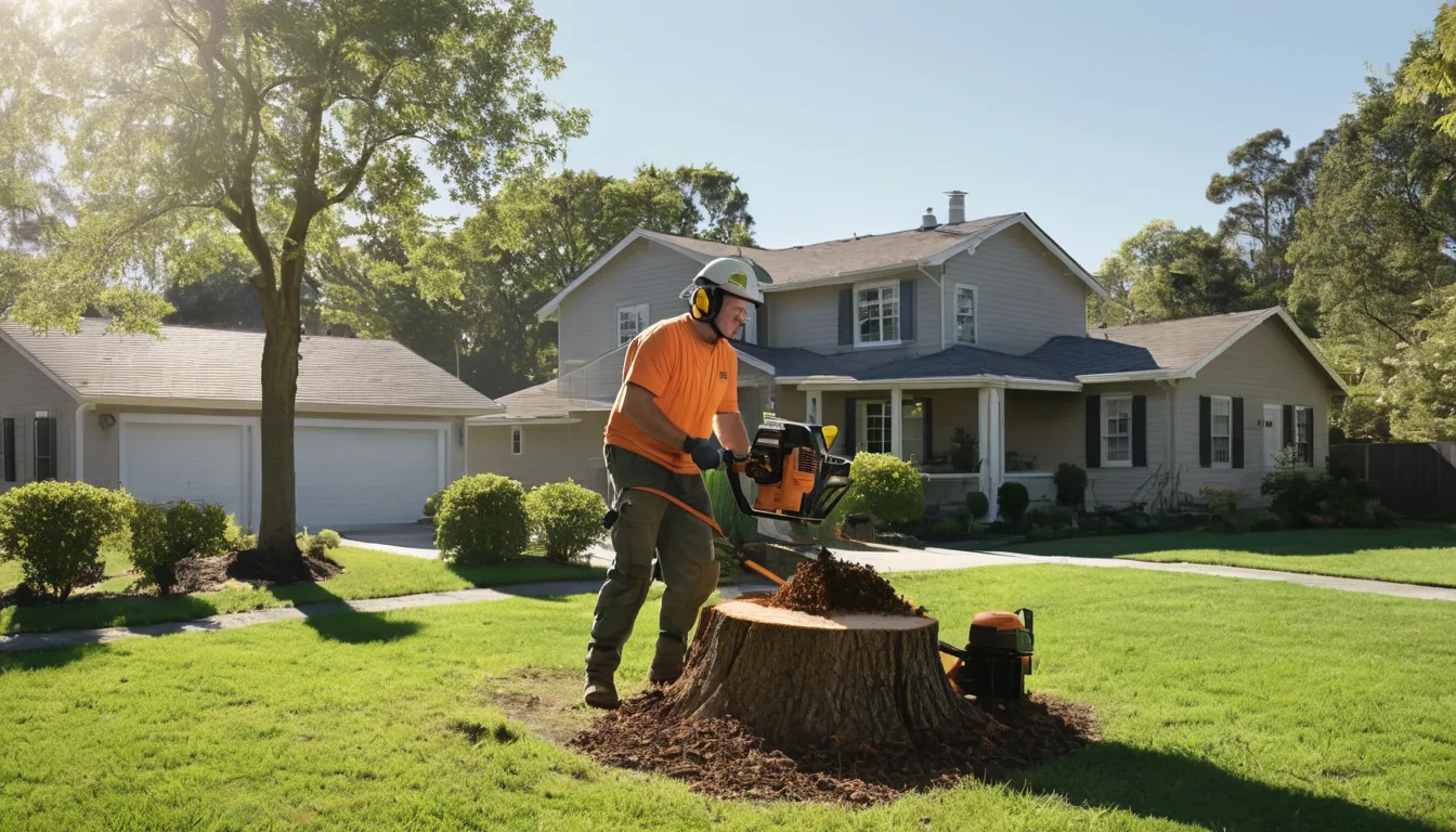 Provider operating a stump grinder in a tidy suburban backyard in Rockville